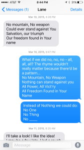 Text conversation between Lane Oliver and I as we worked on the bridge of "Giants Fall."